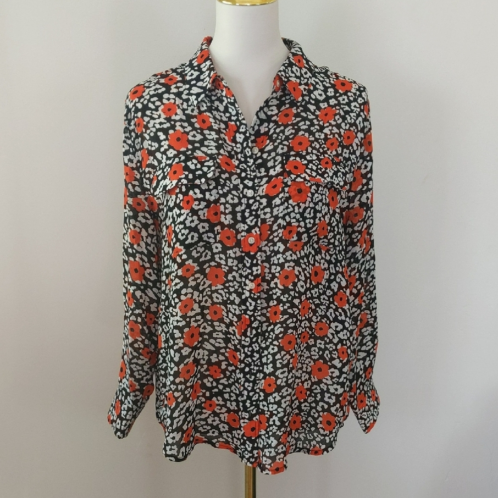 Floral Banana Republic Blouse - Black, White, and Red